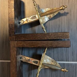 Vintage Pair of Wooden Bases and Zodiac Heraldry Sword Bookends